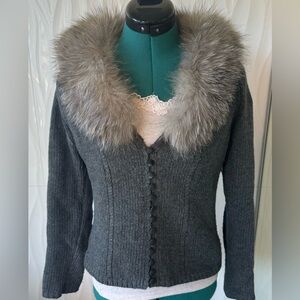 ETCETERA Aplaca fur removable wool gray cropped sweater, sz. S